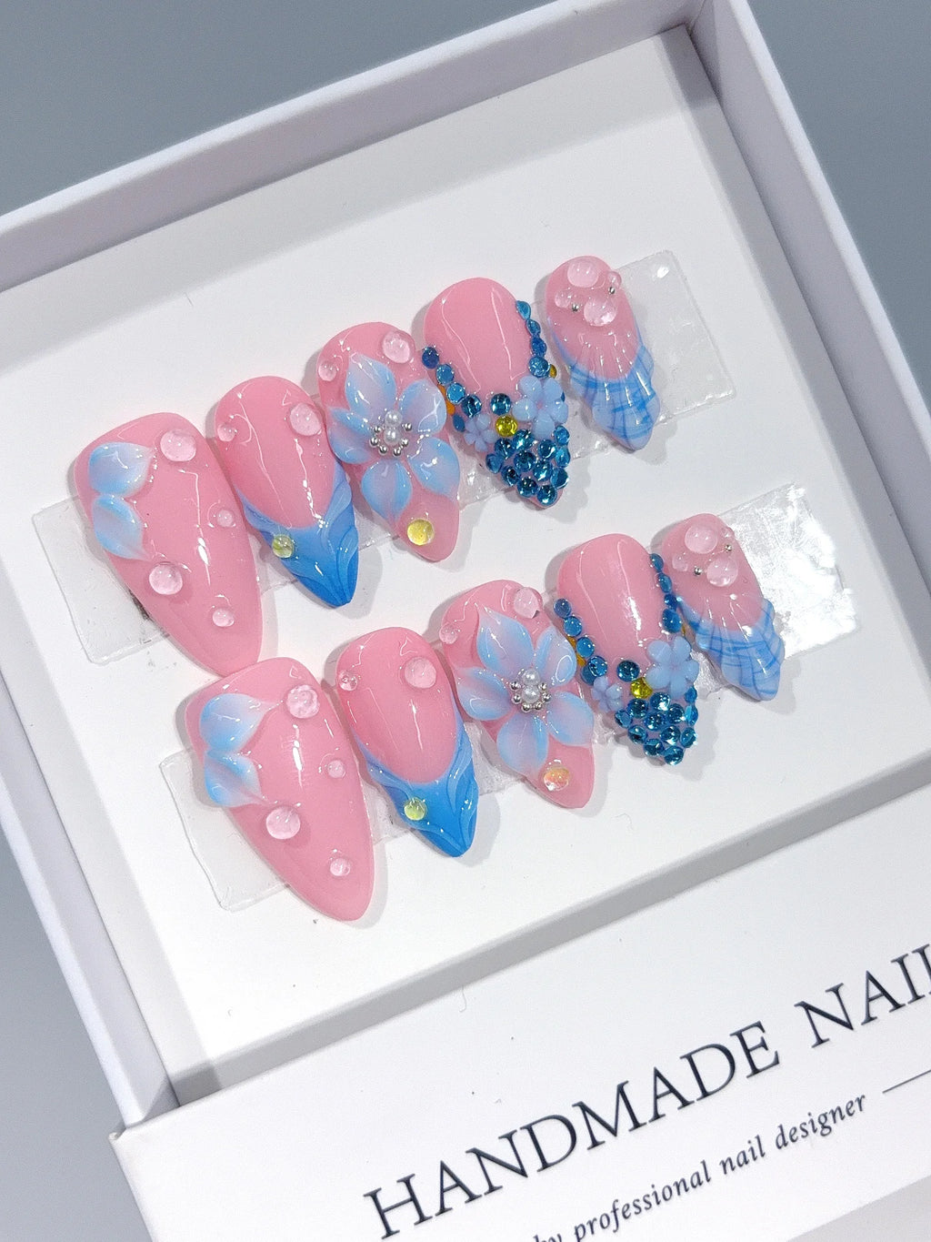 D672 - Medium Pink Blue Almond French Tip 3D Flower Rhinestones - view 3