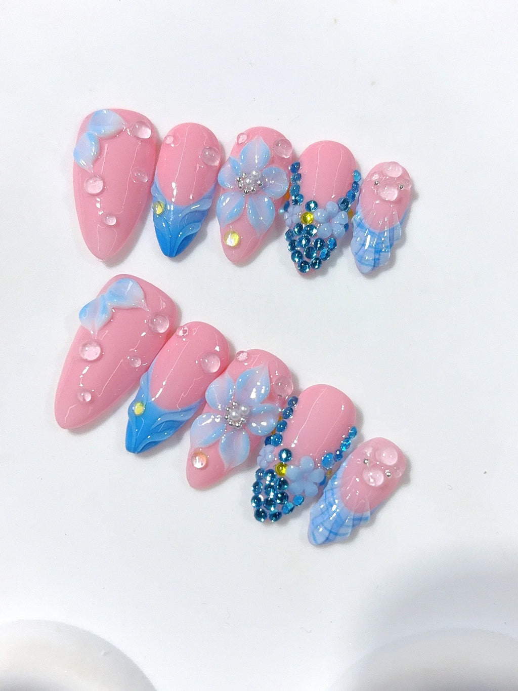 D672 - Medium Pink Blue Almond French Tip 3D Flower Rhinestones - view 5