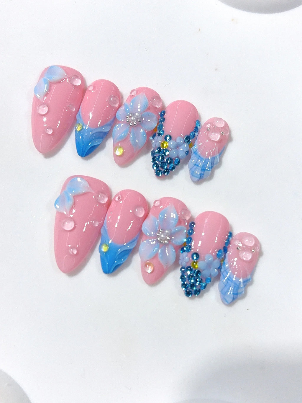 D672 - Medium Pink Blue Almond French Tip 3D Flower Rhinestones - view 6