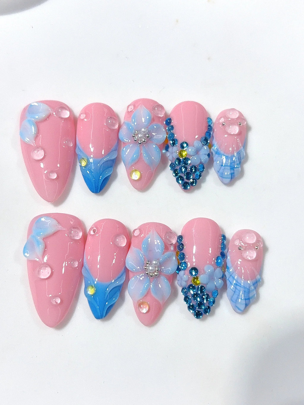 D672 - Medium Pink Blue Almond French Tip 3D Flower Rhinestones - view 7