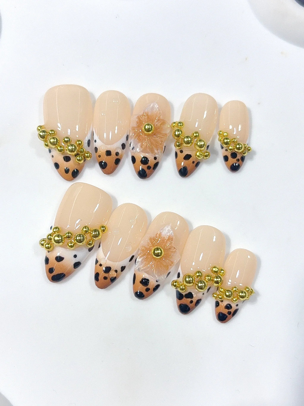 D673 - Medium Nude Caramel Almond Spotted French Tip Gold Beads - view 5