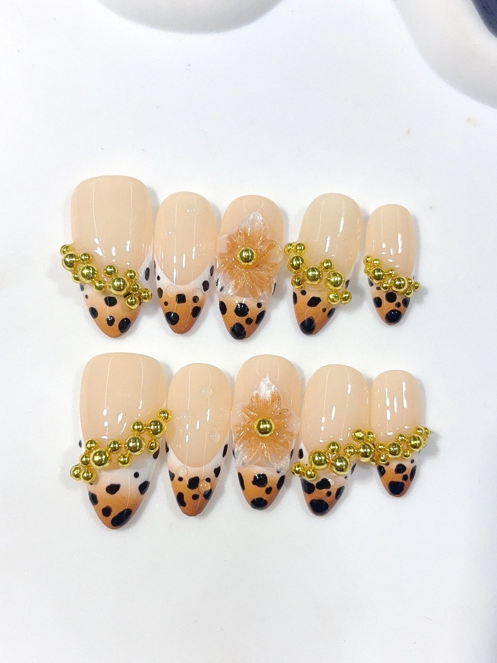 D673 - Medium Nude Caramel Almond Spotted French Tip Gold Beads - view 7