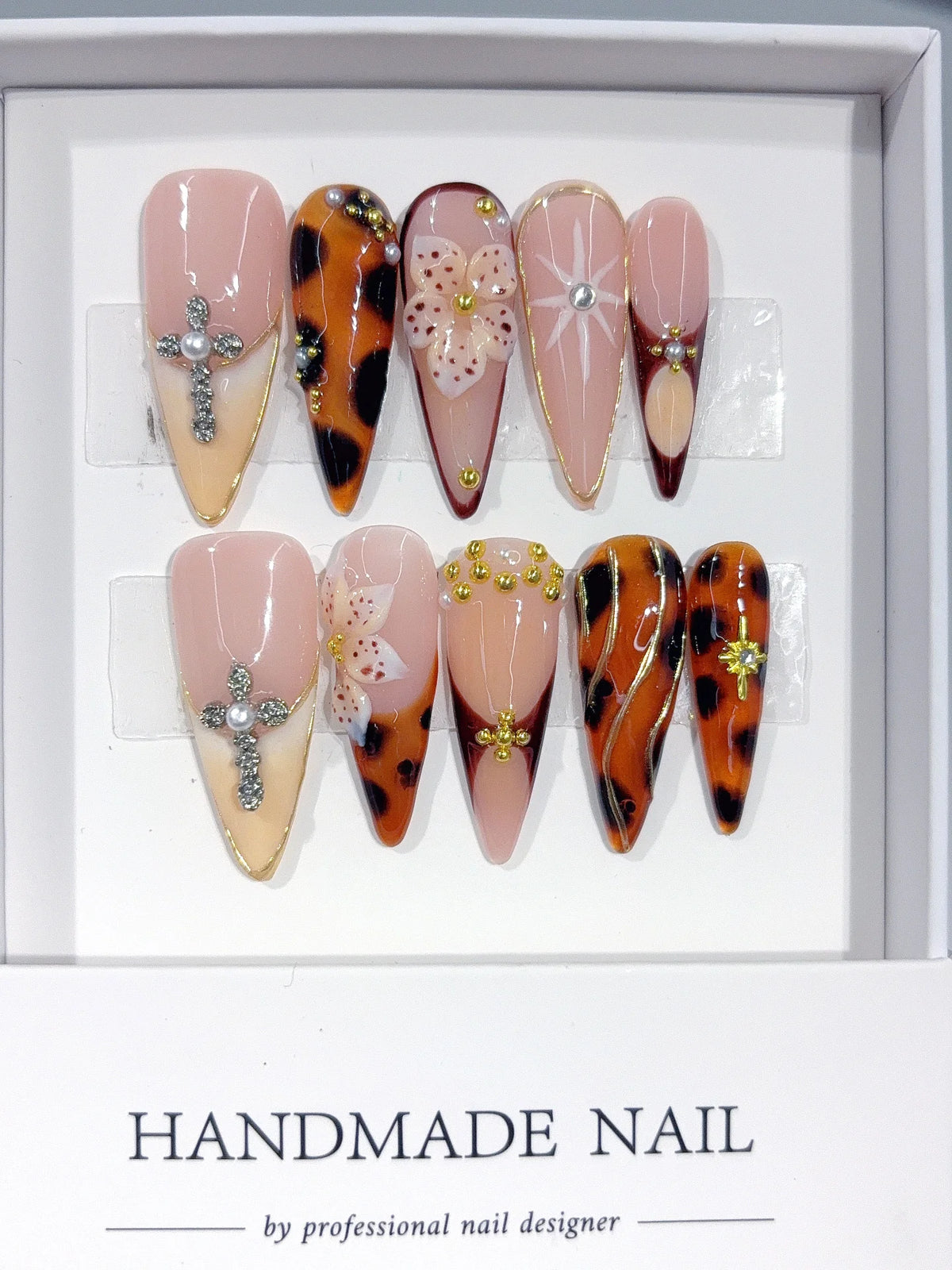 D674 - Long Amber Nude Stiletto Tortoiseshell Cross Rhinestones - view 2