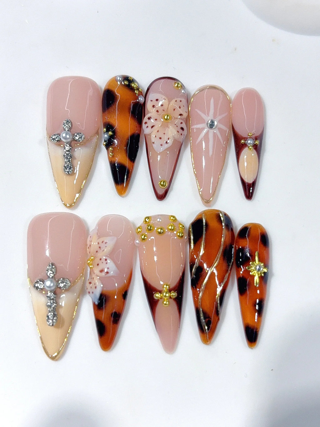 D674 - Long Amber Nude Stiletto Tortoiseshell Cross Rhinestones - view 4