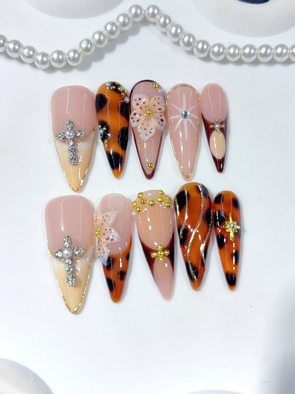 D674 - Long Amber Nude Stiletto Tortoiseshell Cross Rhinestones - view 5