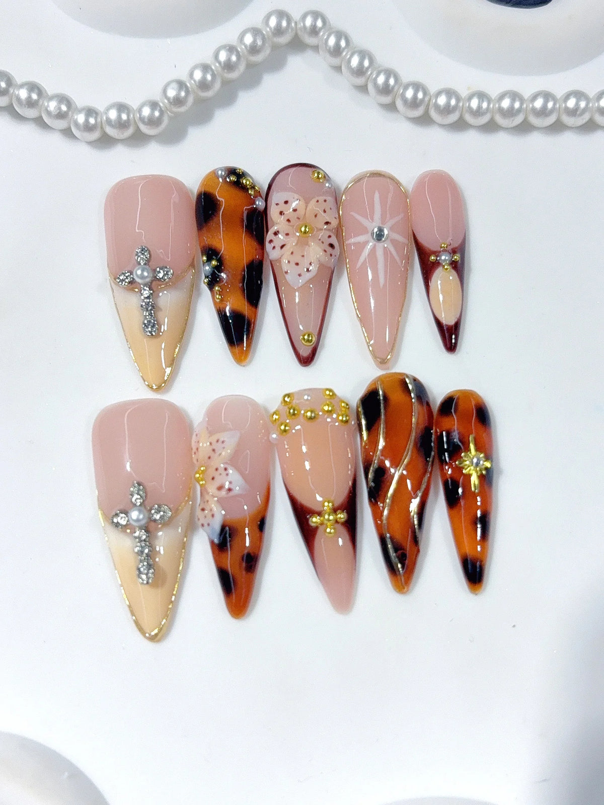 D674 - Long Amber Nude Stiletto Tortoiseshell Cross Rhinestones - view 5