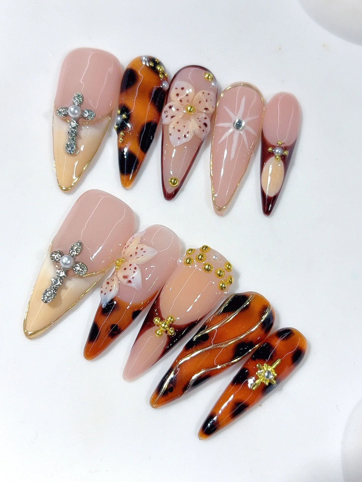 D674 - Long Amber Nude Stiletto Tortoiseshell Cross Rhinestones - view 6