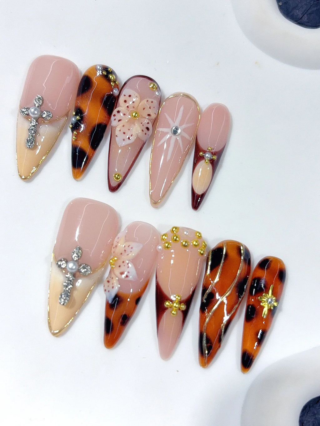 D674 - Long Amber Nude Stiletto Tortoiseshell Cross Rhinestones - view 7