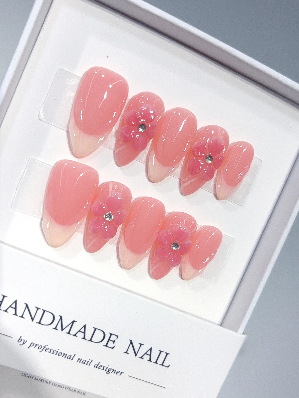 D675 - Medium Coral Pink Almond French Tip 3D Floral - view 1