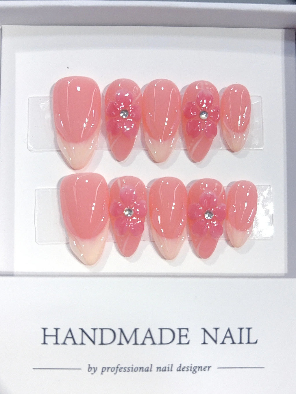 D675 - Medium Coral Pink Almond French Tip 3D Floral - view 2