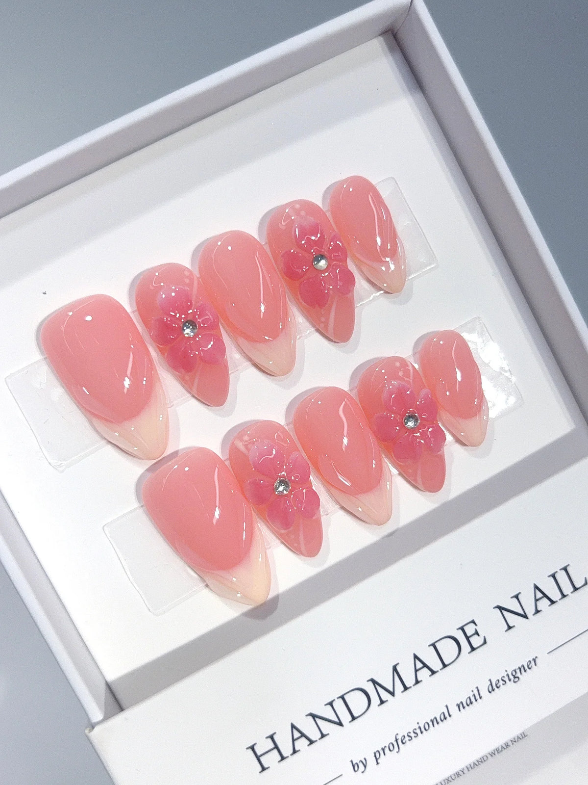 D675 - Medium Coral Pink Almond French Tip 3D Floral - view 3