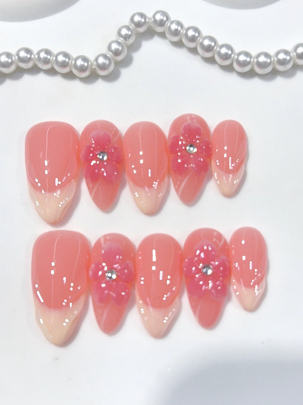 D675 - Medium Coral Pink Almond French Tip 3D Floral - view 4