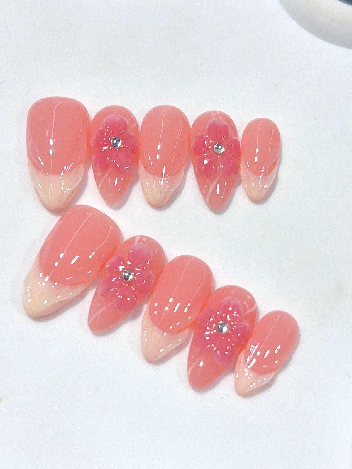 D675 - Medium Coral Pink Almond French Tip 3D Floral - view 5