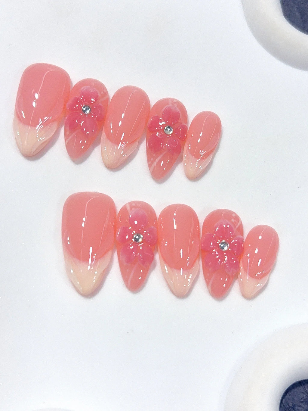 D675 - Medium Coral Pink Almond French Tip 3D Floral - view 6
