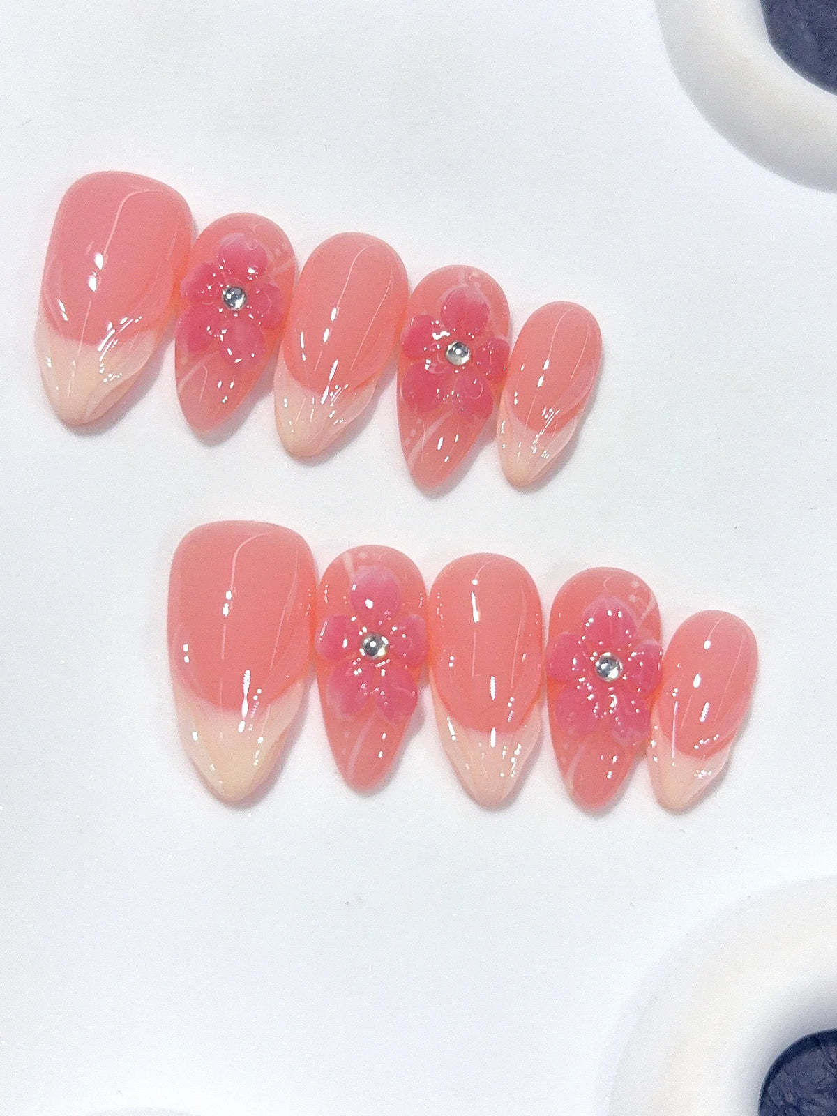 D675 - Medium Coral Pink Almond French Tip 3D Floral - view 6