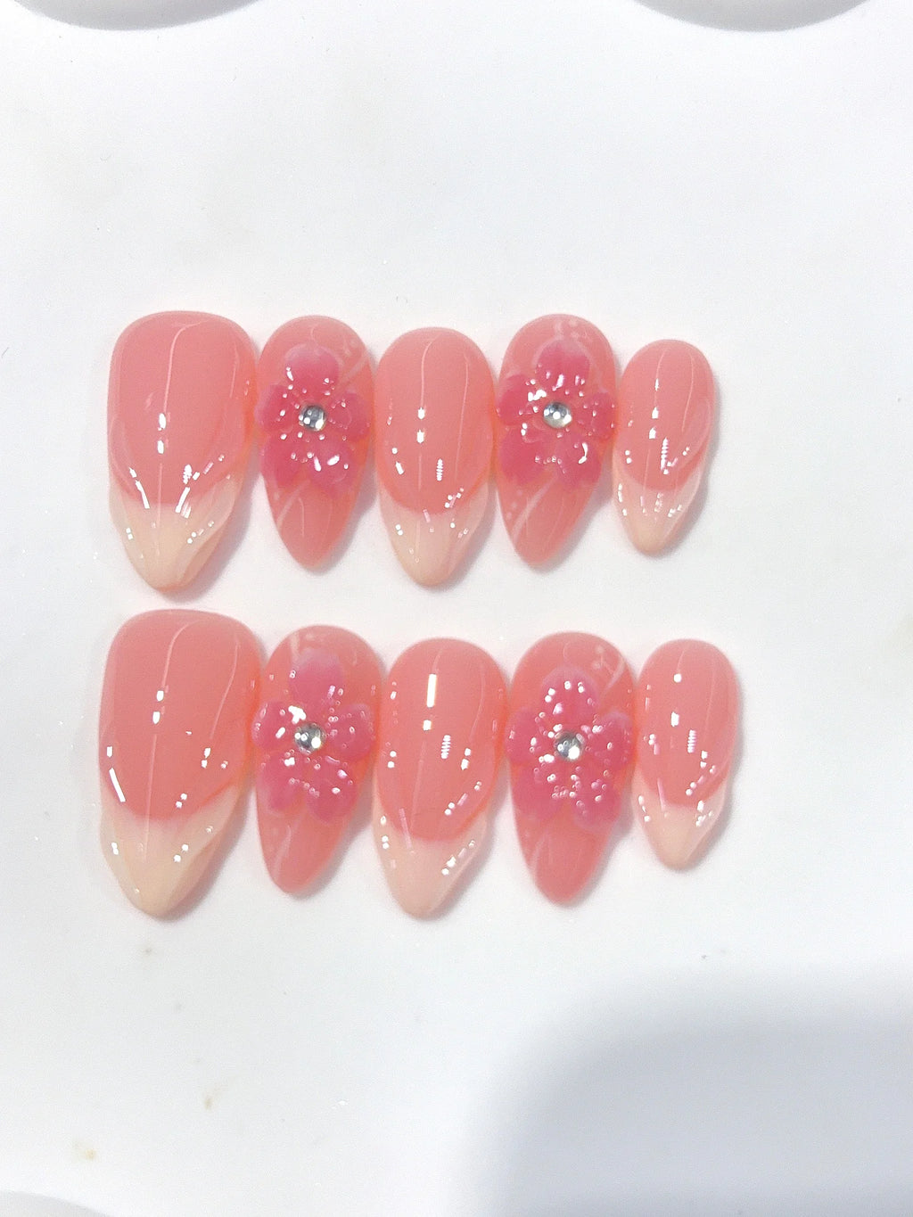 D675 - Medium Coral Pink Almond French Tip 3D Floral - view 7