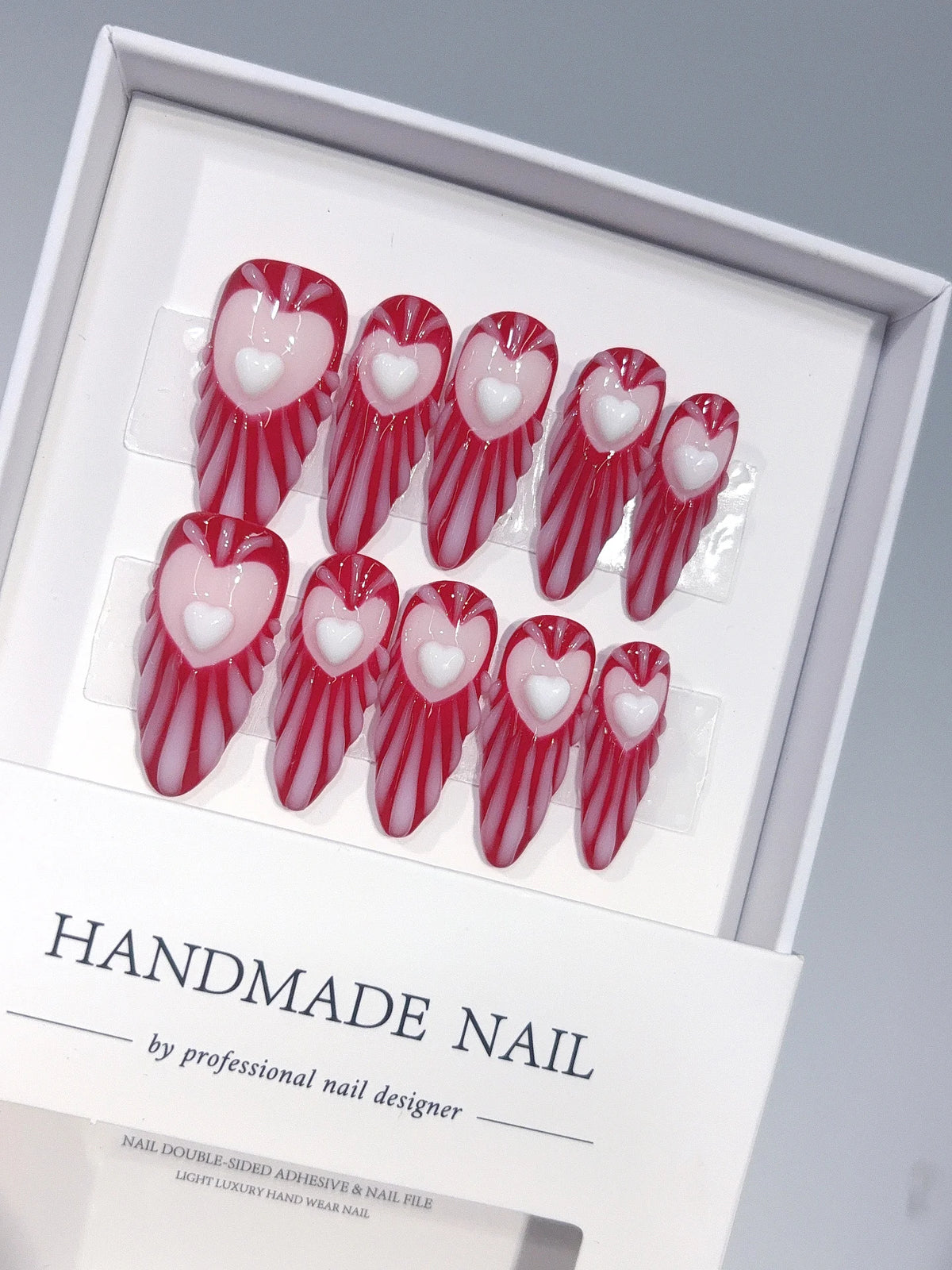 D676 - Long Burgundy Pink Almond Stripes 3D Hearts - view 1