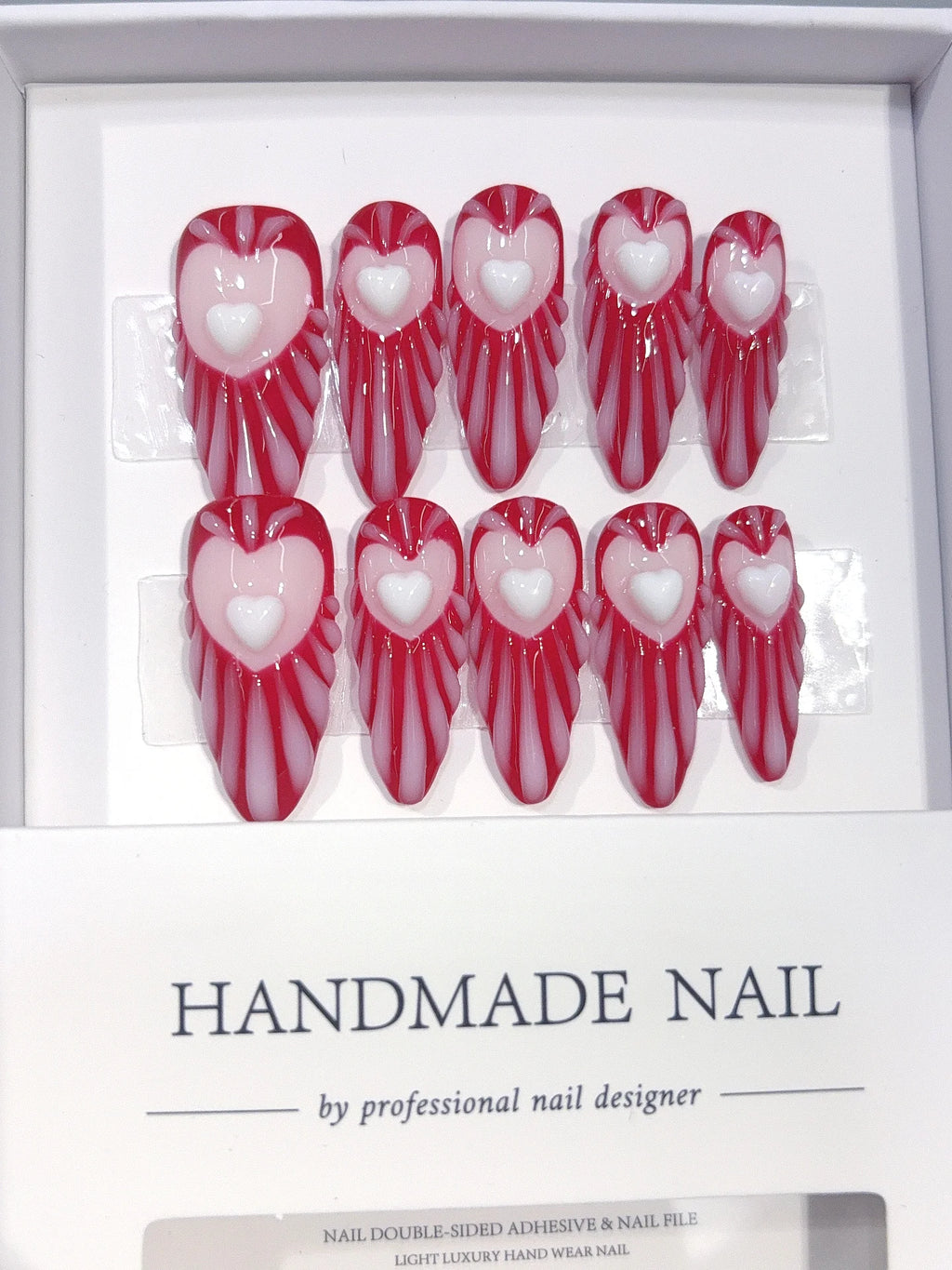 D676 - Long Burgundy Pink Almond Stripes 3D Hearts - view 2