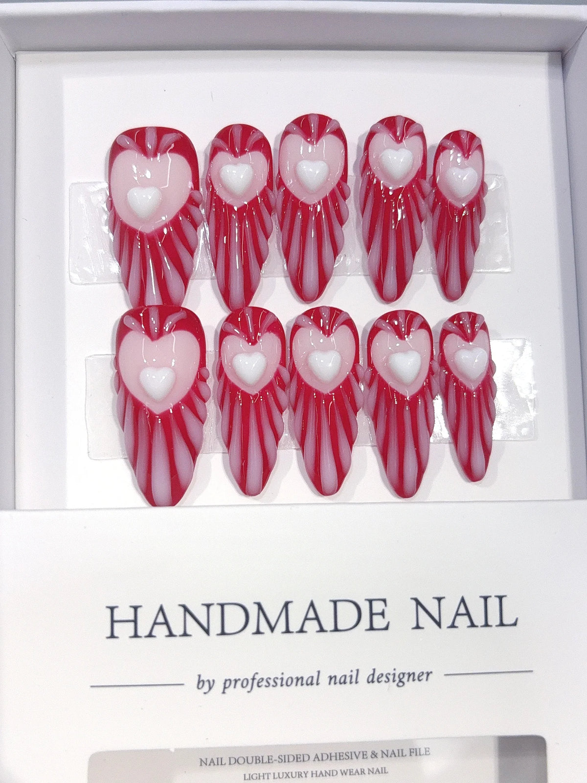 D676 - Long Burgundy Pink Almond Stripes 3D Hearts - view 2