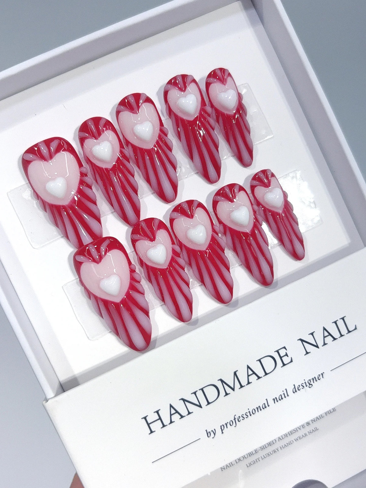 D676 - Long Burgundy Pink Almond Stripes 3D Hearts - view 3