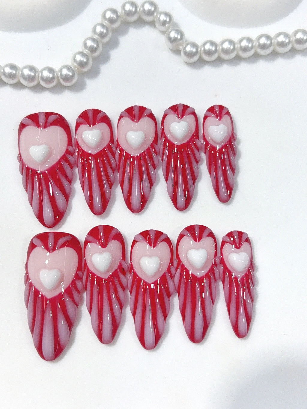 D676 - Long Burgundy Pink Almond Stripes 3D Hearts - view 4