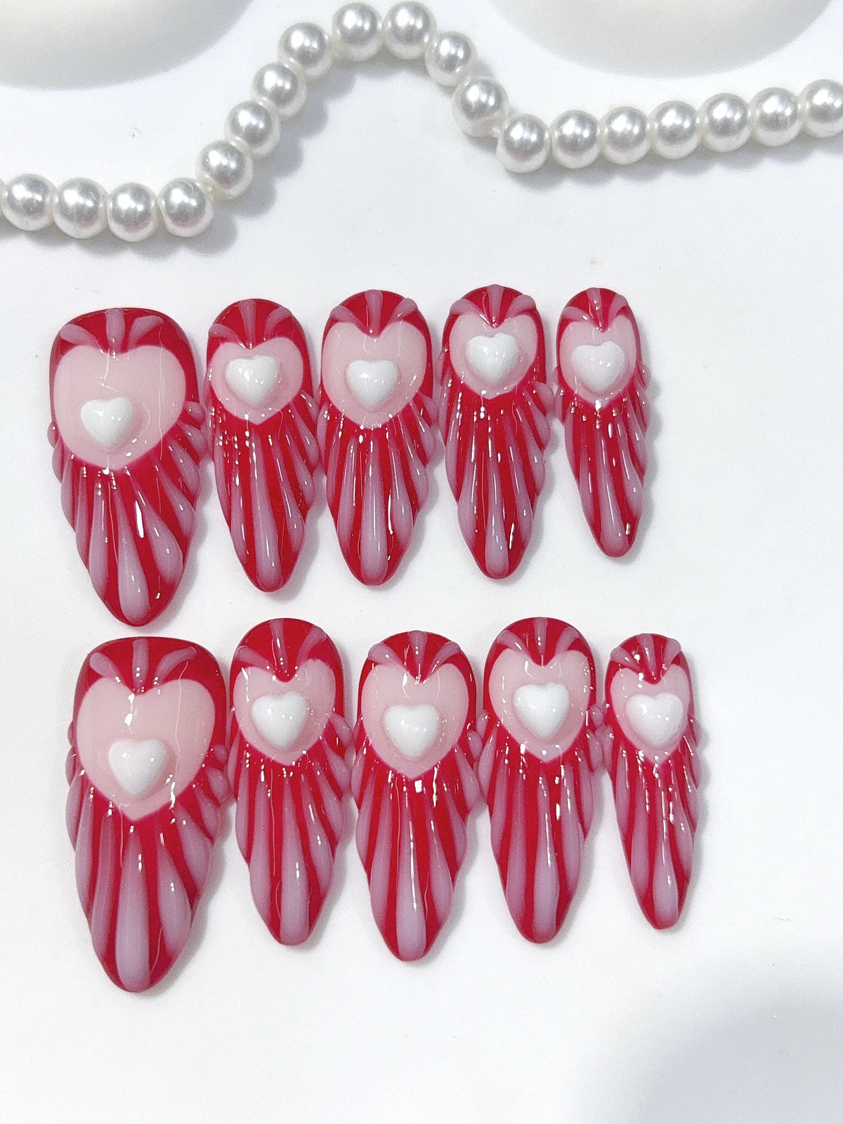 D676 - Long Burgundy Pink Almond Stripes 3D Hearts - view 4