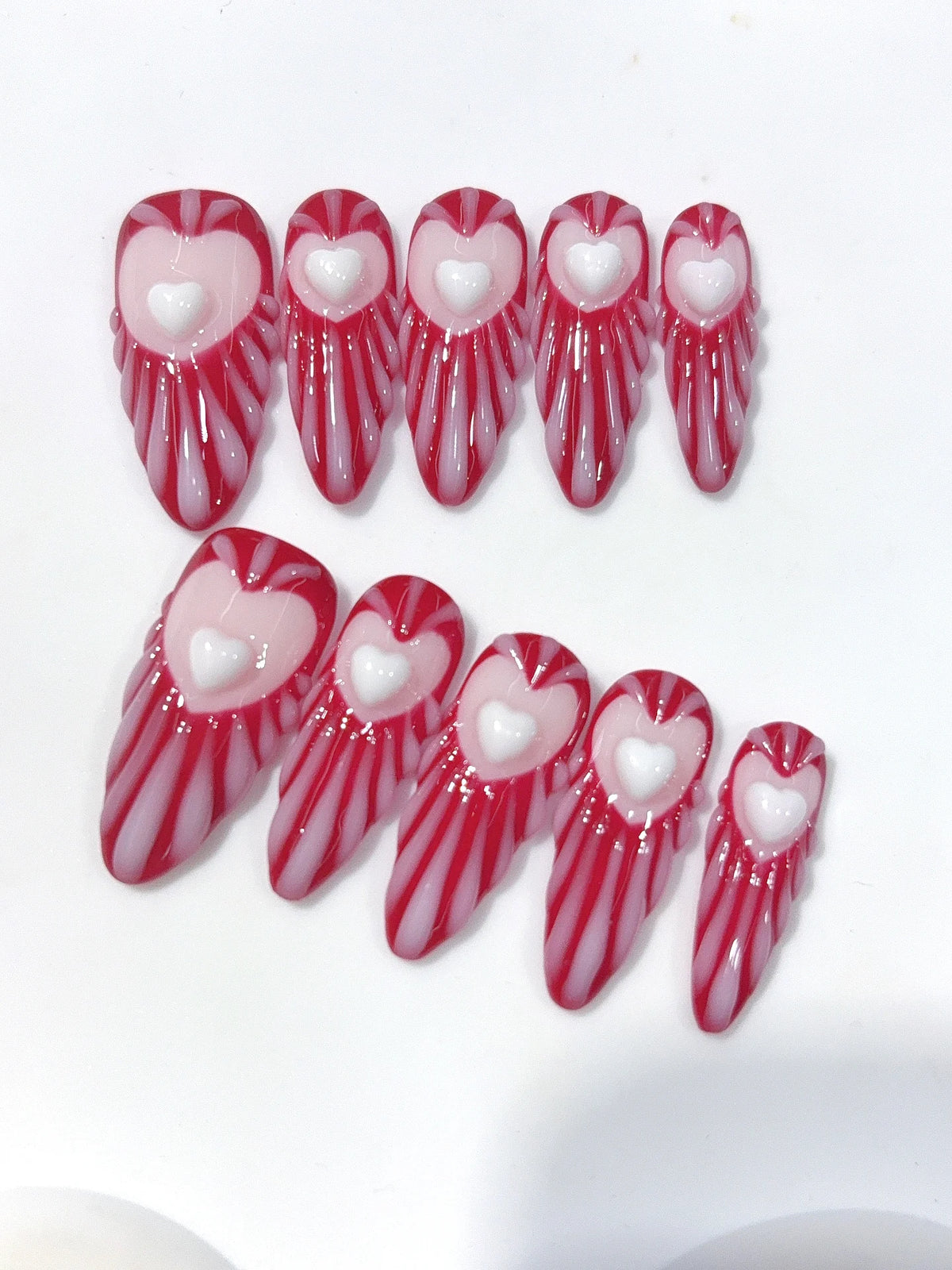 D676 - Long Burgundy Pink Almond Stripes 3D Hearts - view 5