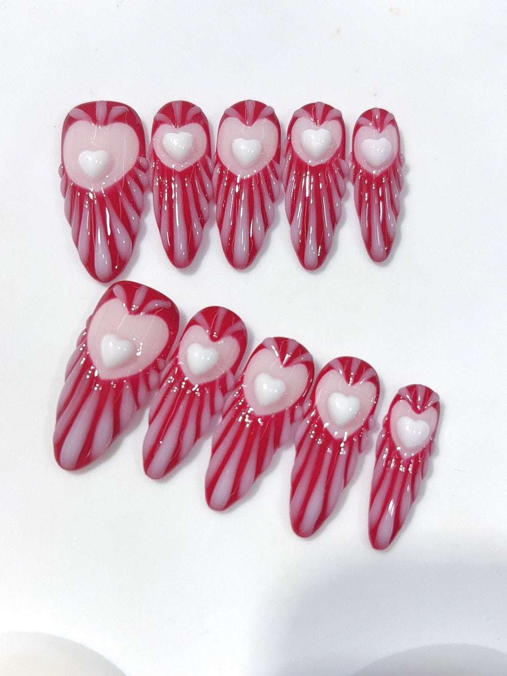 D676 - Long Burgundy Pink Almond Stripes 3D Hearts - view 6