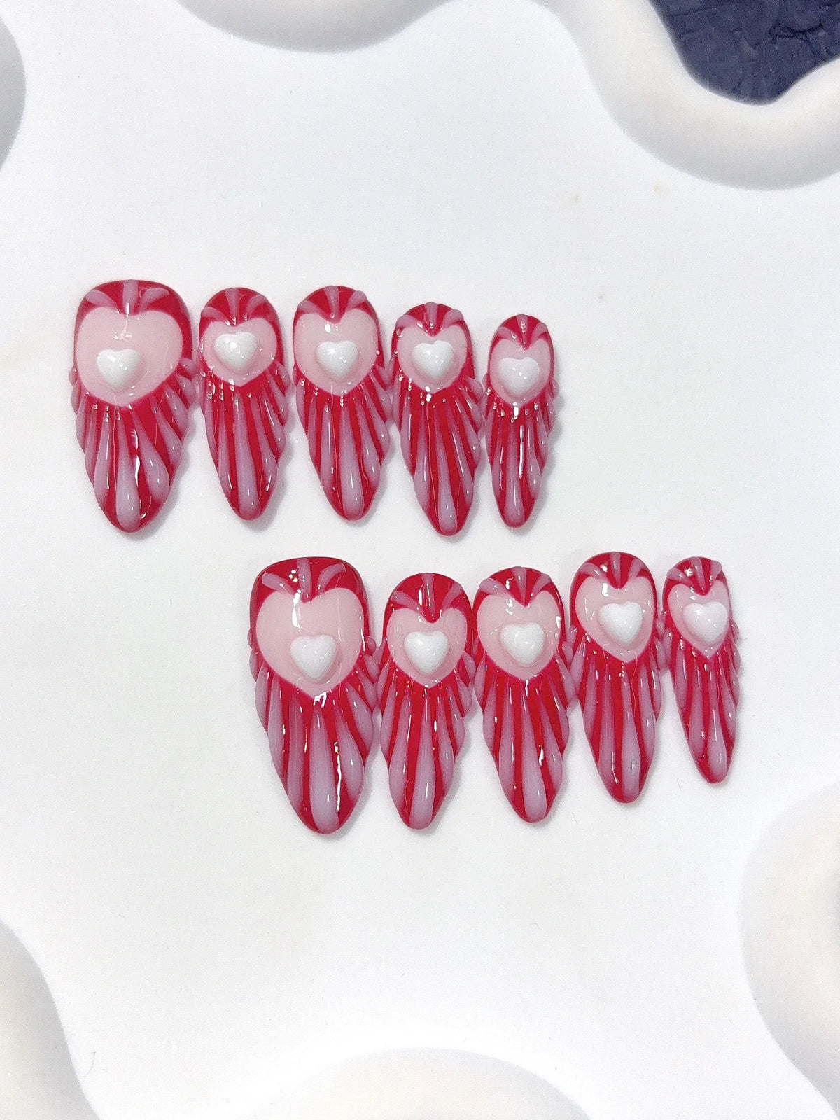 D676 - Long Burgundy Pink Almond Stripes 3D Hearts - view 7