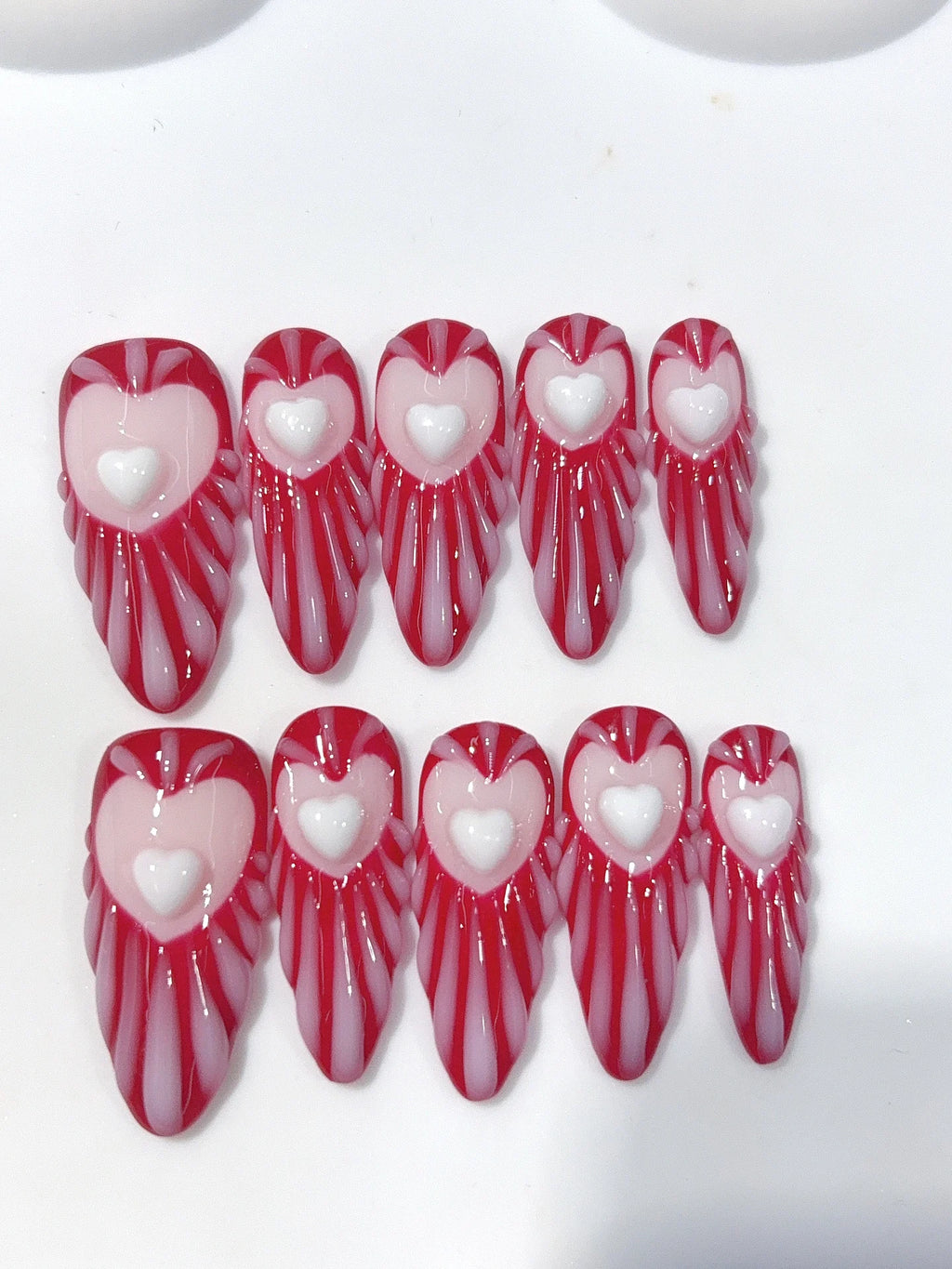 D676 - Long Burgundy Pink Almond Stripes 3D Hearts - view 8