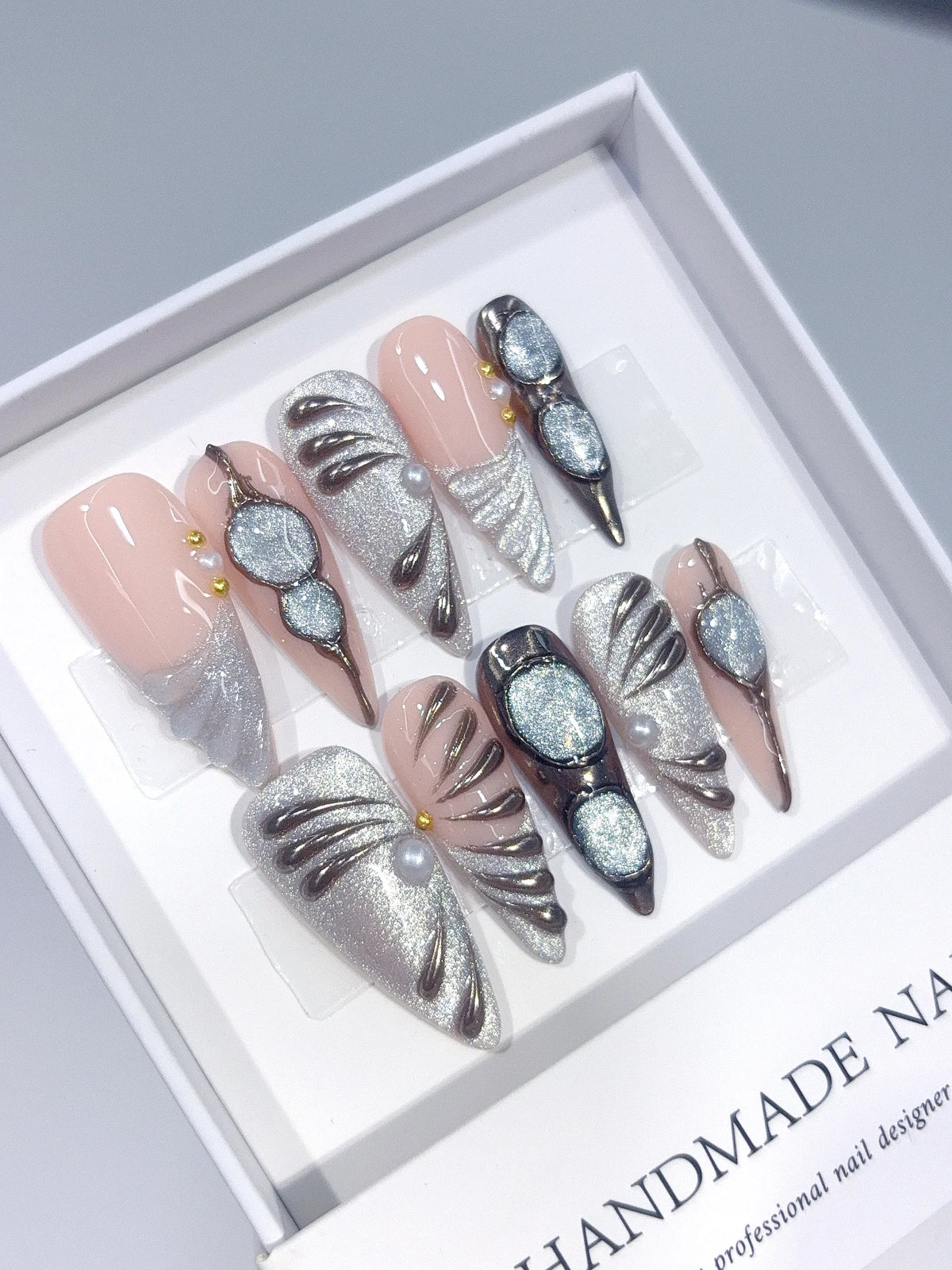 D677 - Long Nude Silver Stiletto Cat Eye Metallic Lines - view 3