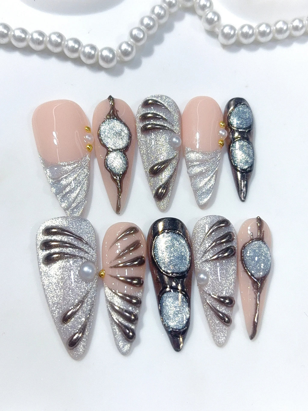 D677 - Long Nude Silver Stiletto Cat Eye Metallic Lines - view 4