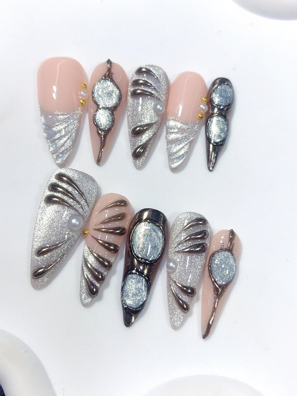 D677 - Long Nude Silver Stiletto Cat Eye Metallic Lines - view 5