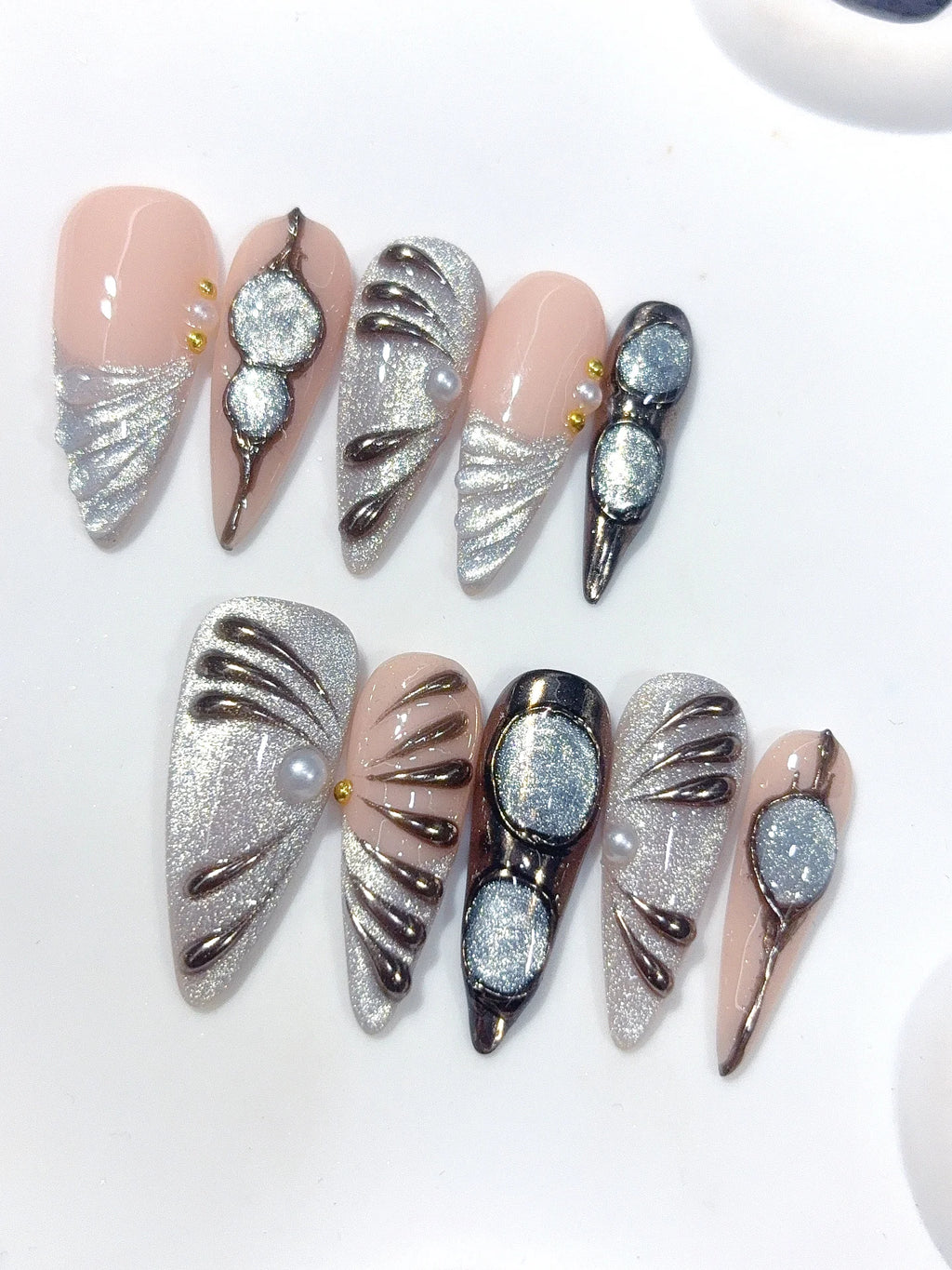 D677 - Long Nude Silver Stiletto Cat Eye Metallic Lines - view 6