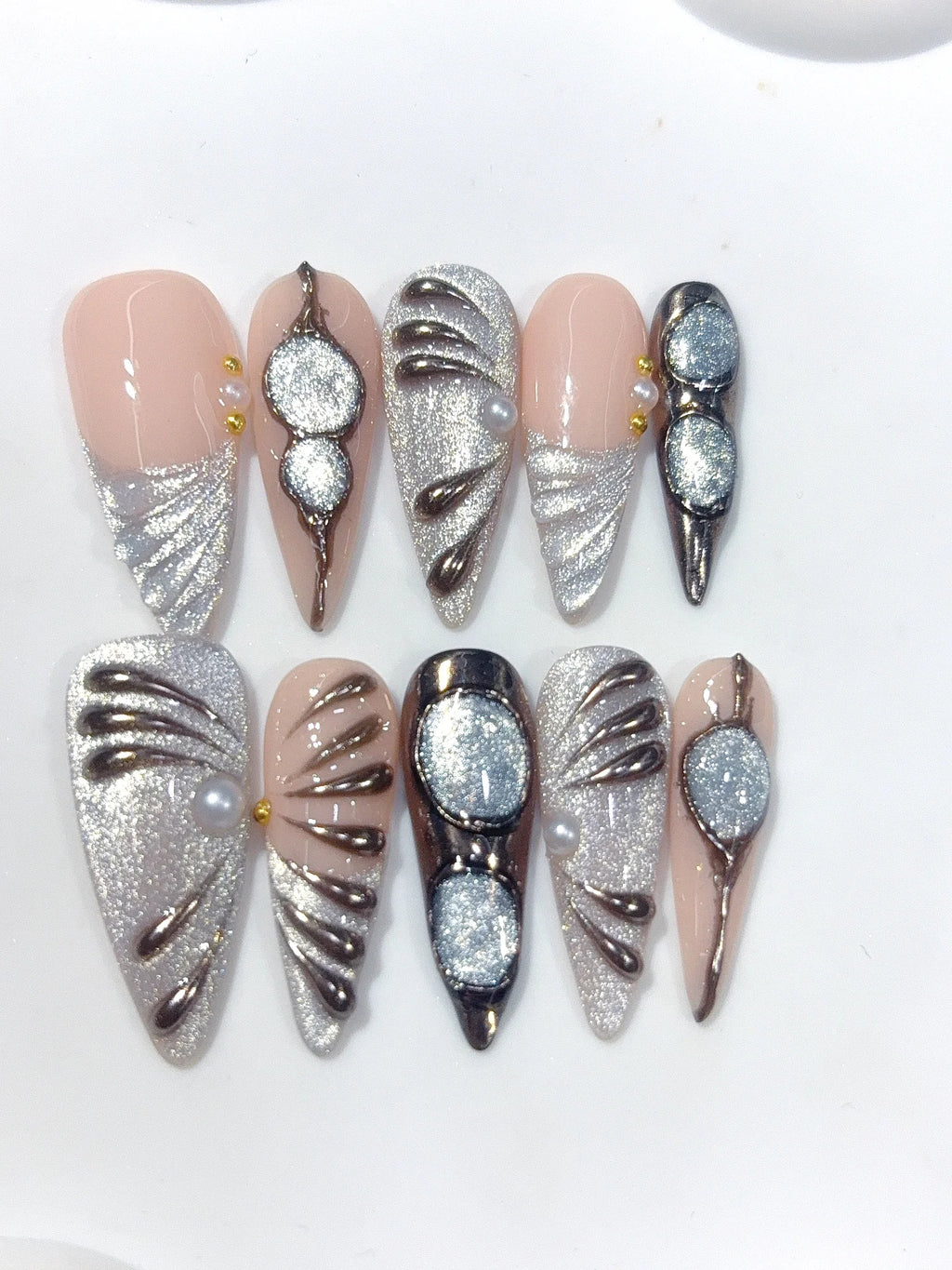 D677 - Long Nude Silver Stiletto Cat Eye Metallic Lines - view 7