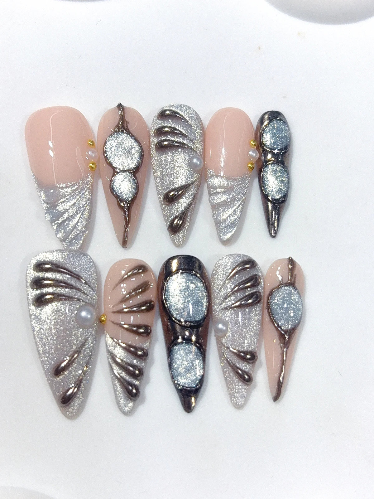 D677 - Long Nude Silver Stiletto Cat Eye Metallic Lines - view 7