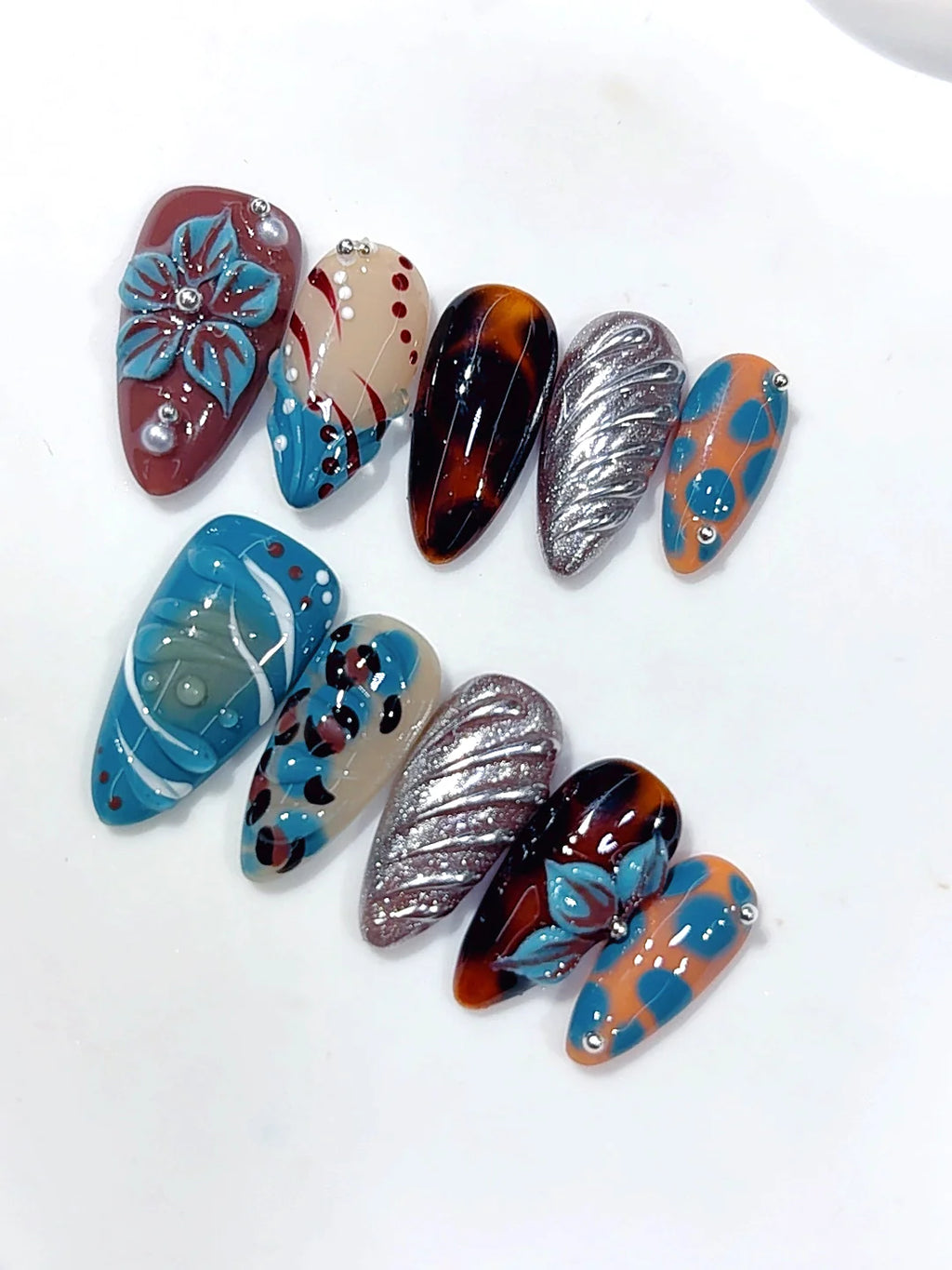D679 - Medium Teal Burgundy Almond Tortoiseshell Metallic Floral - view 5
