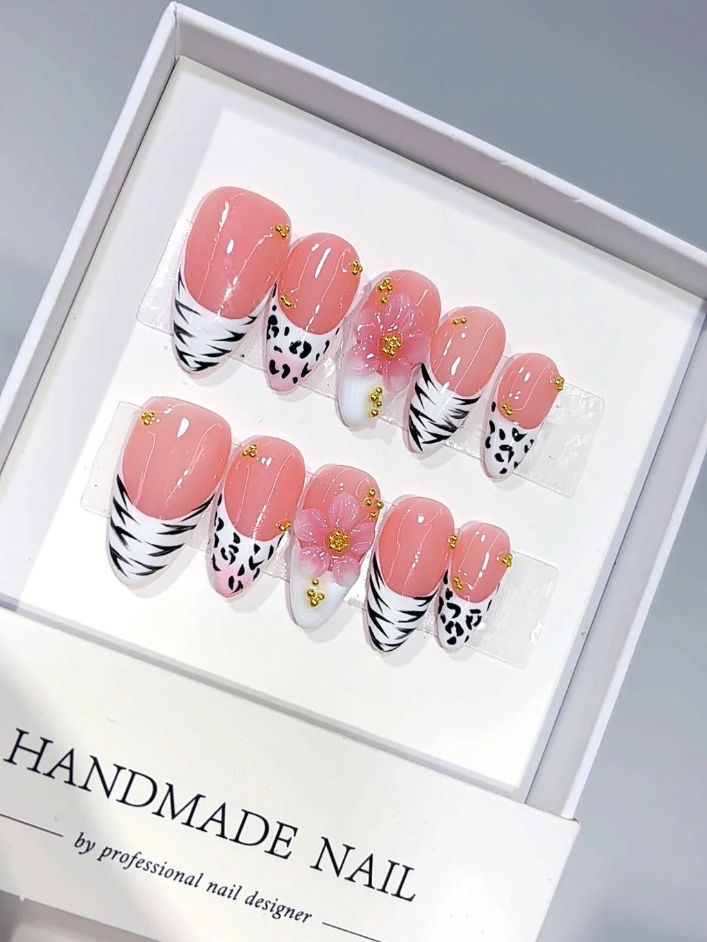 D680 - Medium Pink Almond Animal Print French Tip 3D Flower - view 1
