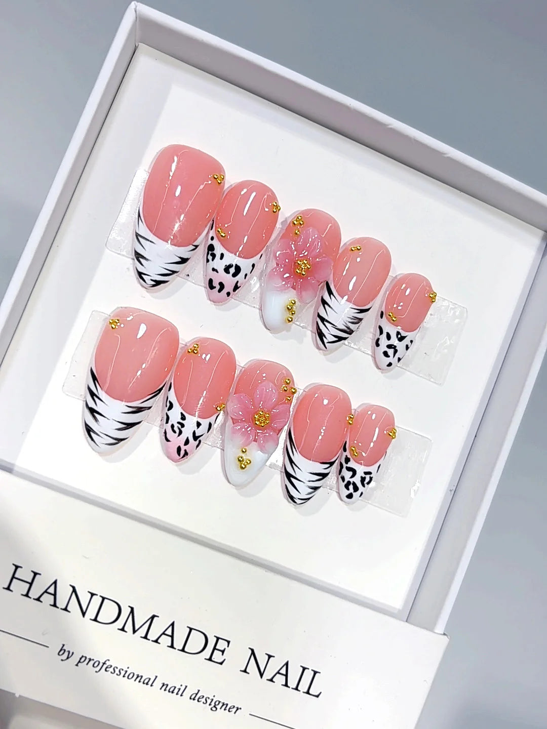 D680 - Medium Pink Almond Animal Print French Tip 3D Flower - view 1