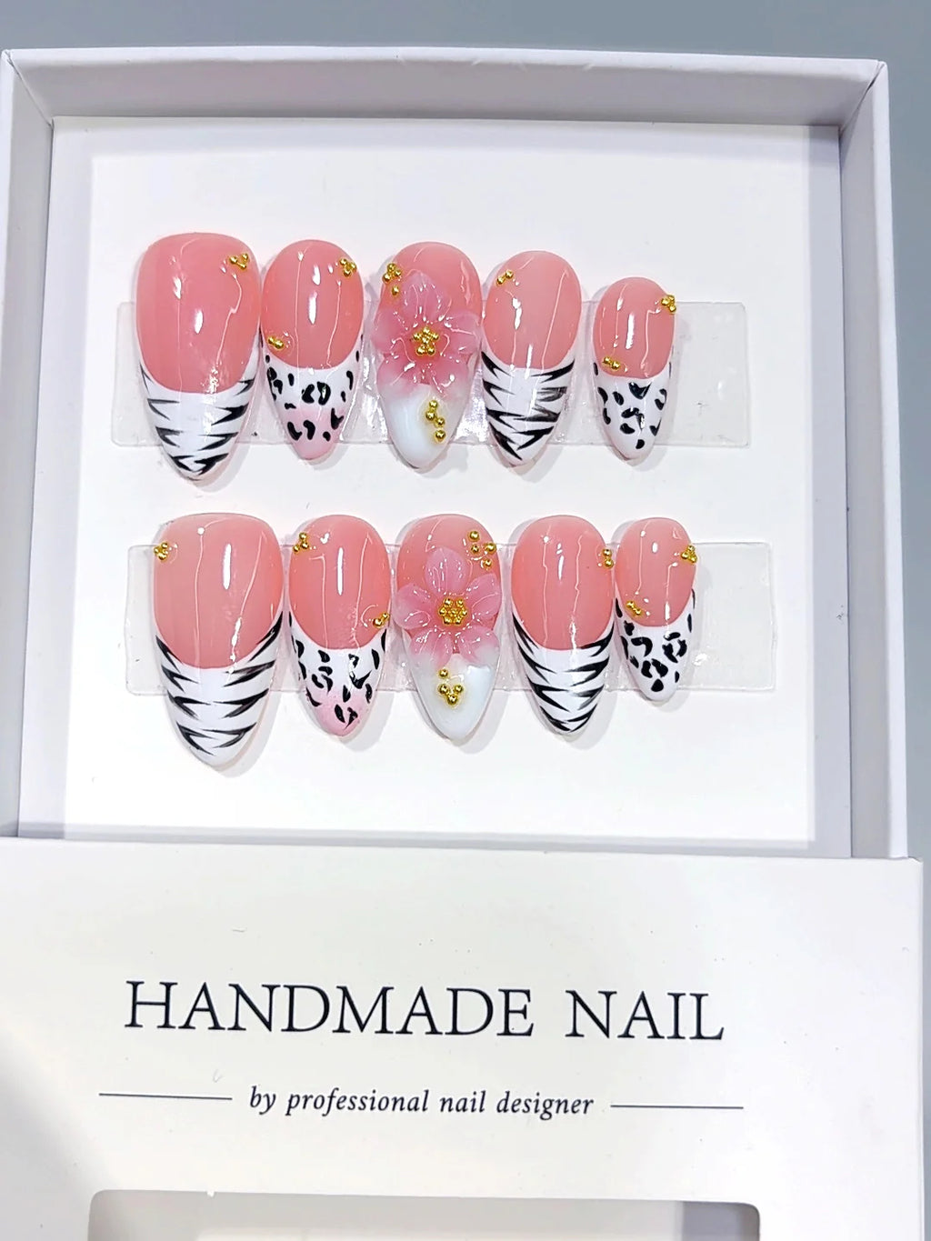 D680 - Medium Pink Almond Animal Print French Tip 3D Flower - view 2