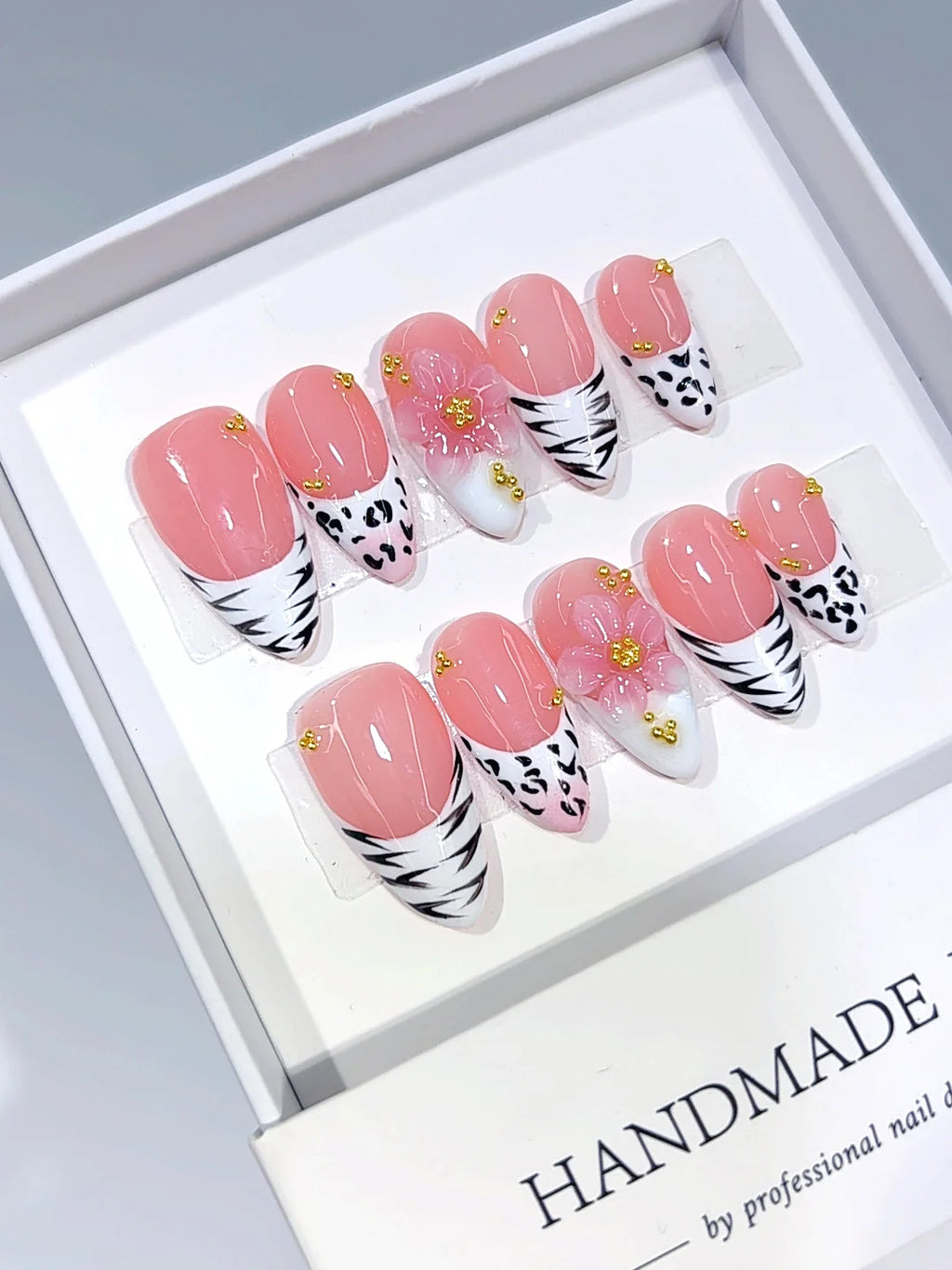 D680 - Medium Pink Almond Animal Print French Tip 3D Flower - view 3