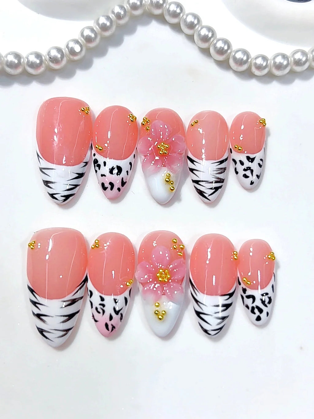 D680 - Medium Pink Almond Animal Print French Tip 3D Flower - view 4