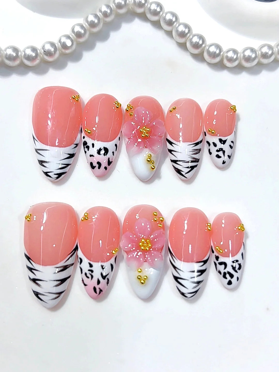 D680 - Medium Pink Almond Animal Print French Tip 3D Flower - view 4