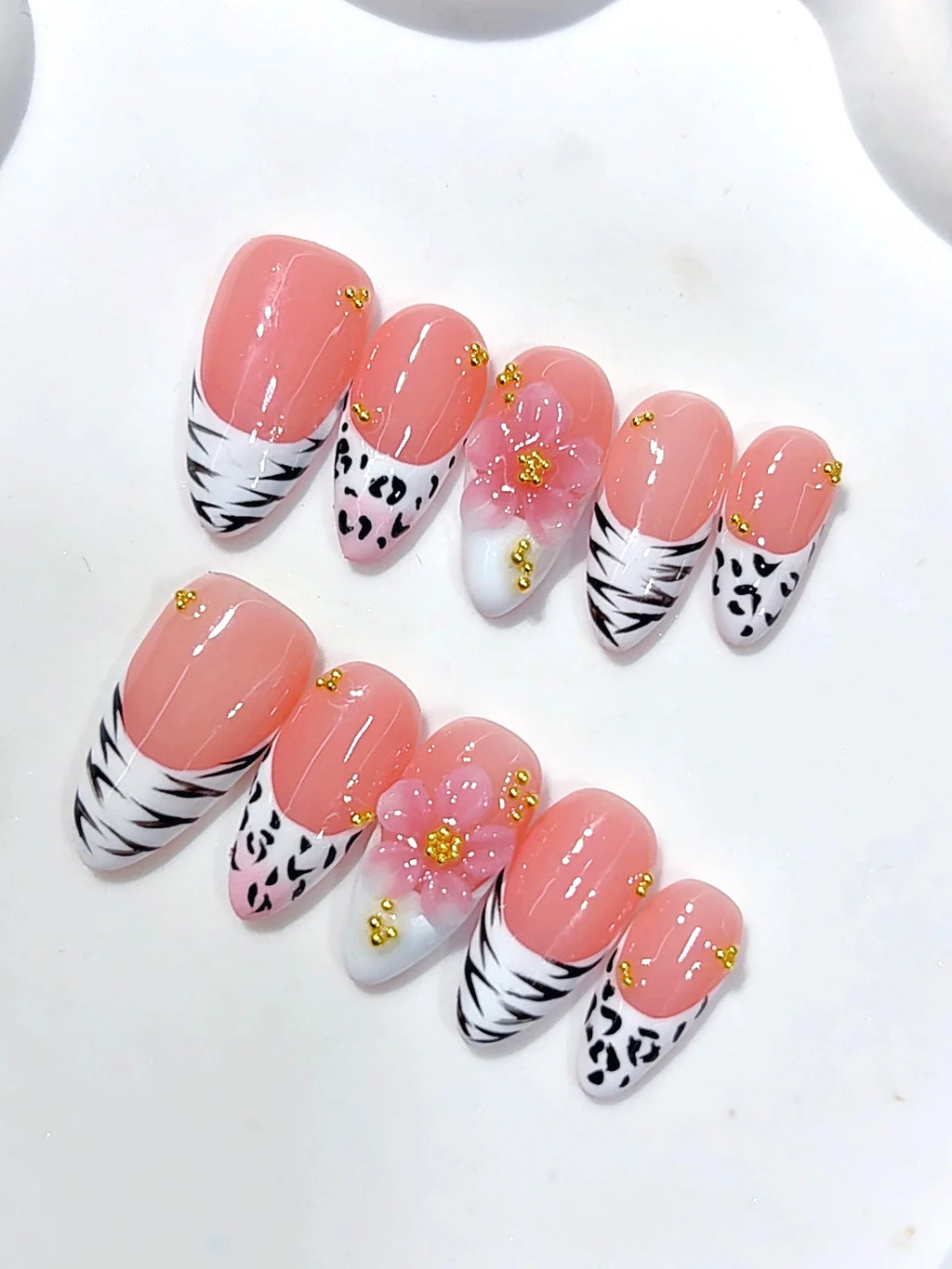 D680 - Medium Pink Almond Animal Print French Tip 3D Flower - view 5