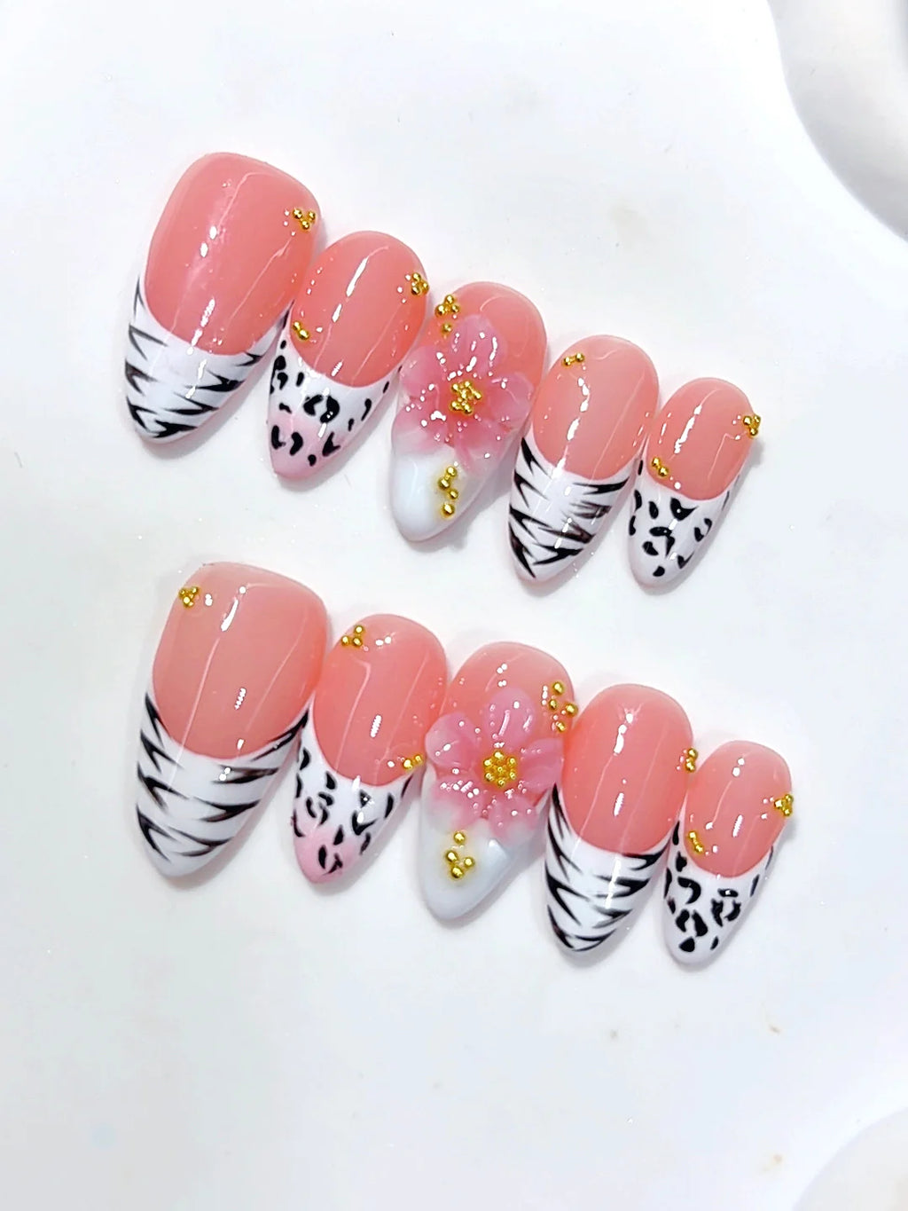 D680 - Medium Pink Almond Animal Print French Tip 3D Flower - view 6