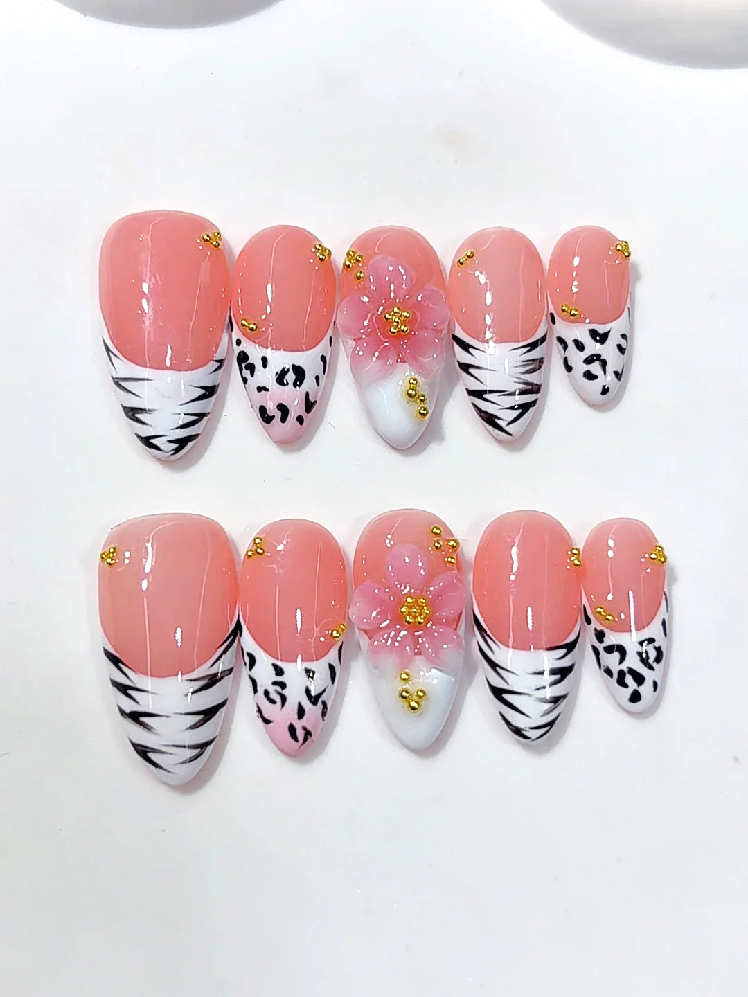 D680 - Medium Pink Almond Animal Print French Tip 3D Flower - view 7