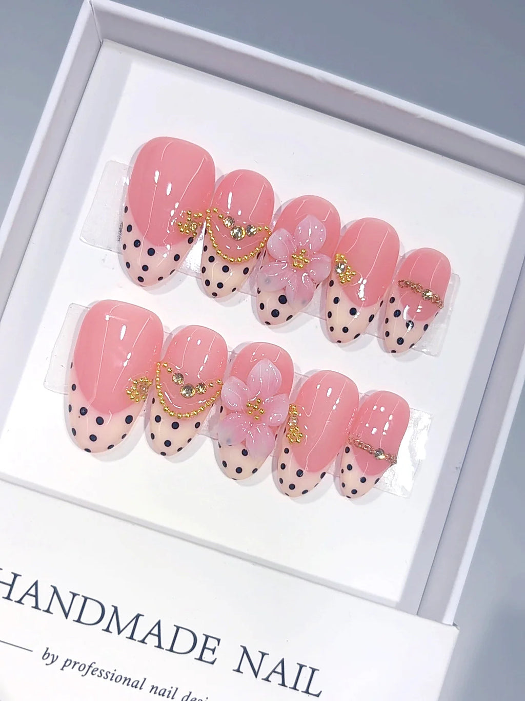 D681 - Medium Pink Almond Polka Dot French Tip Gold Floral - view 1