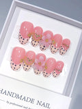 D681 - Medium Pink Almond Polka Dot French Tip Gold Floral - view 1