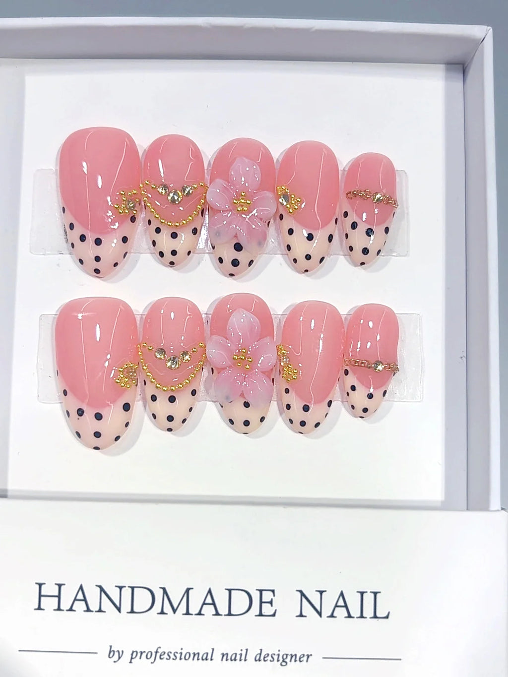 D681 - Medium Pink Almond Polka Dot French Tip Gold Floral - view 2