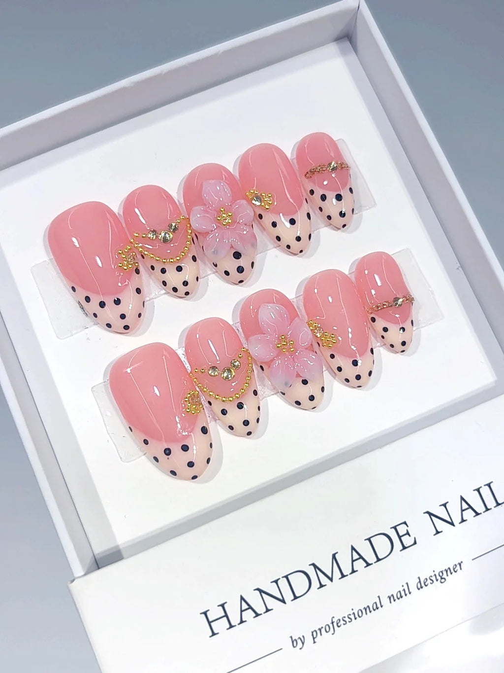D681 - Medium Pink Almond Polka Dot French Tip Gold Floral - view 3